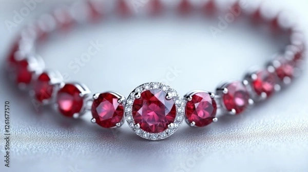 Fototapeta Close-up of a luxury ruby bracelet with diamonds on a silver chain. Generative AI