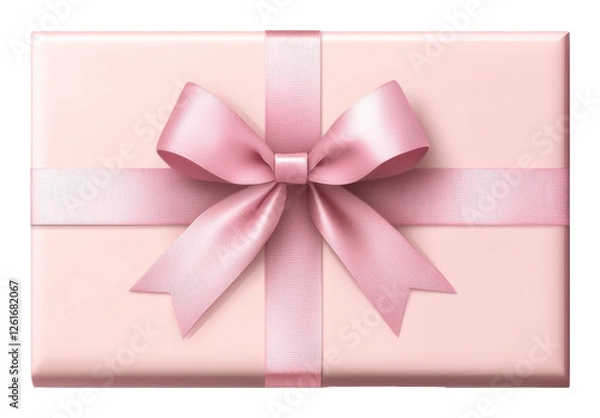 Fototapeta Pink gift box with elegant ribbon tied in a bow, isolated view. Celebration and surprise concept