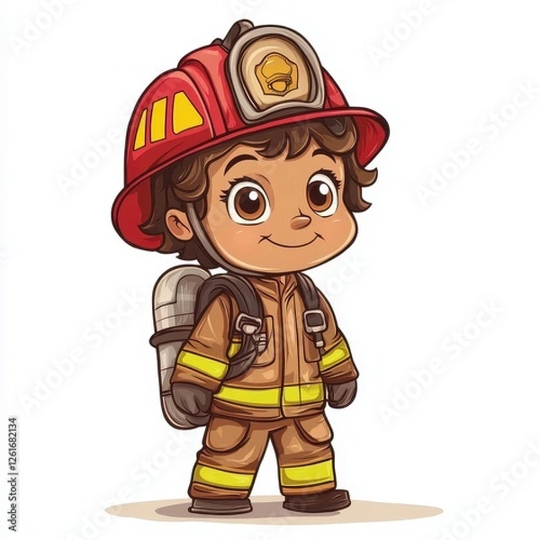 Fototapeta Cute Cartoon Child in Oversized Firefighter Helmet and Uniform