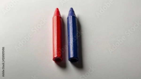 Obraz Red and Blue Crayons on a White Surface