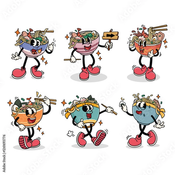 Fototapeta Set of Traditional Ramen Japanese Food Cartoon Illustration with Varied Poses and Expressions