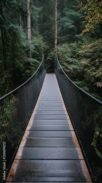 Fototapeta Narrow suspension bridge with wet wooden planks spanning across a dense forest, creating a misty and atmospheric scene