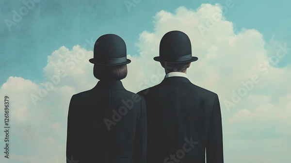 Fototapeta Two people wearing black hats and black suits