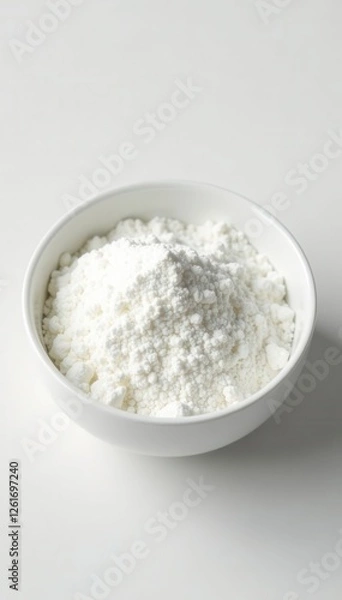 Obraz Plain white bowl filled with fine white powder on seamless white backdrop, bright, clean