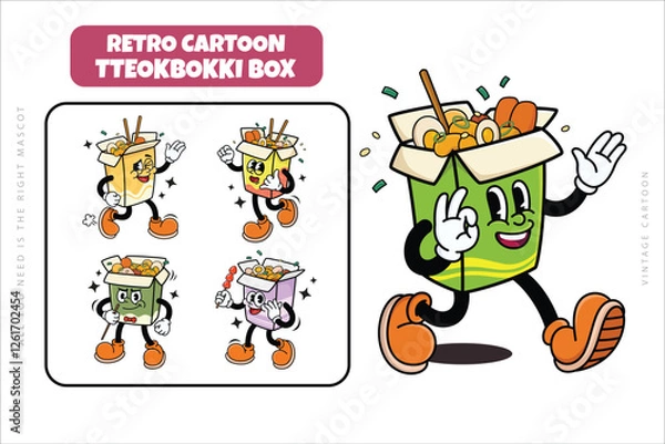 Fototapeta Set of Korean Traditional Street Food Tteokbokki Cartoon Illustration with Varied Poses and Expressions