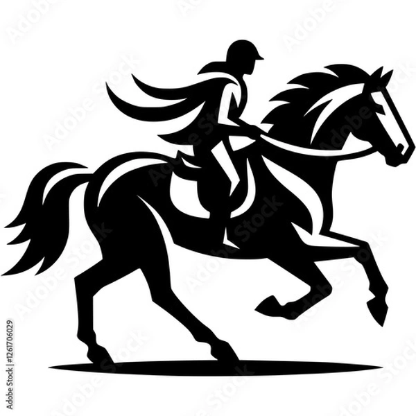 Fototapeta Tattoo emblem of medieval horseman postman in cloak riding on horseback with mail instructions in monochrome. Engraving minimalistic vector in black ink drawing on transparent background
