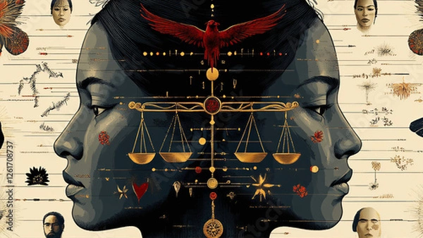Obraz Golden Scales of Justice with a Dramatic Red Light and Dark Background Representing Law and Balance