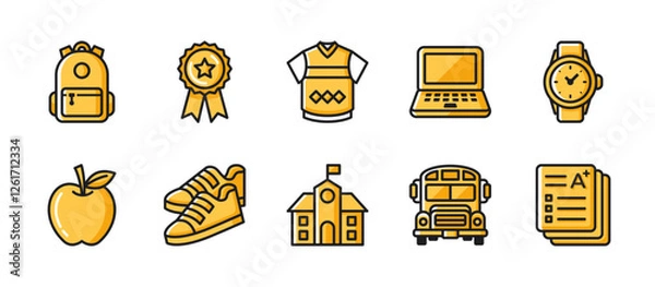 Fototapeta Back to school icon pack in single color style, featuring backpack, reward, uniform, laptop, watch, apple, shoes, school, school bus, and assessment.
