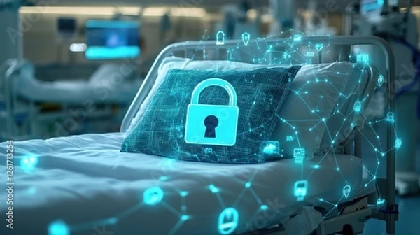 Fototapeta Hospital bed with digital lock symbolizing hipaa compliance and data security.