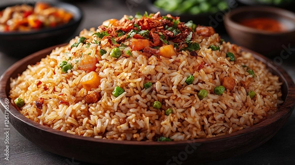 Obraz Golden-Brown Fried Rice with Diced Vegetables and a Rich Blend of Spices for a Flavorful Experience
