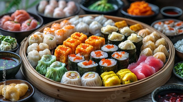 Obraz Assorted Sushi Rolls and Nigiri with Fresh Seafood and Colorful Garnishes on a Wooden Platter