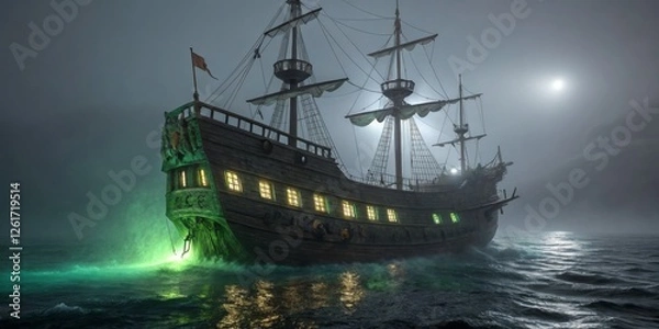 Fototapeta Mysterious old ship navigates through foggy waters under the moonlight near a dark shoreline
