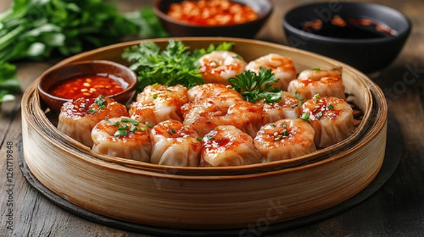 Obraz Delicately Crafted Shrimp and Seafood Dumplings in a Traditional Steamer Basket with Fresh Garnishes