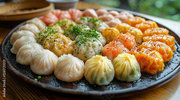 Obraz Colorful Variety of Traditional Dim Sum Dumplings with Seafood and Vegetable Fillings in a Steamer