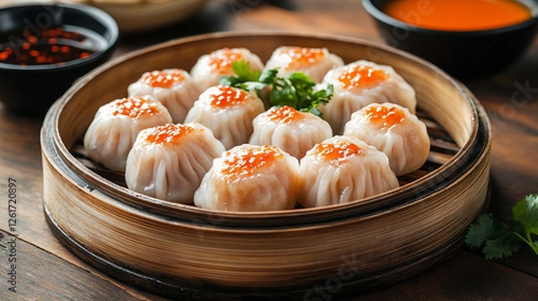 Obraz Assorted Steamed Dumplings with Vibrant Toppings and Fresh Garnishes in a Bamboo Dim Sum Basket
