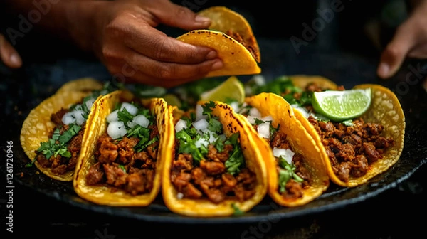 Obraz Spicy and Flavorful Meat Tacos Grilled Over an Open Flame, Served with Lime and Garnished with Herbs