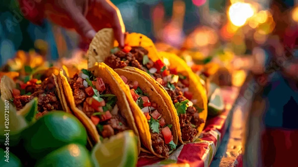 Obraz Crispy Grilled Meat Tacos Filled with Fresh Vegetables and Topped with a Flavorful Herb Garnish