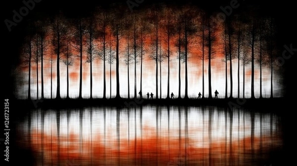Fototapeta Silhouetted hikers trekking along lake's edge at dusk enveloped by misty forest reflection serene viewpoint