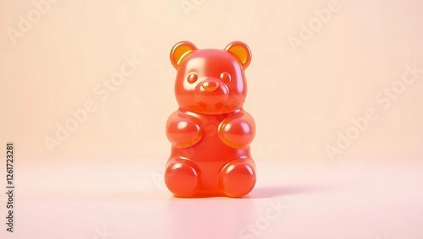 Obraz A single red gummy bear candy sits on a pale background