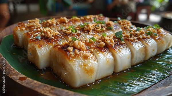 Obraz Delicate White Dumplings Stuffed with Meat and Vegetables, Drizzled with a Savory Sauce