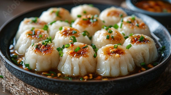 Obraz Freshly Steamed Dumplings with a Crispy Bottom, Topped with Chili Flakes and Chopped Herbs
