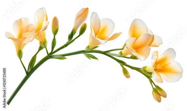 Fototapeta Pale yellow freesia flowers, curved stem, spring bloom,  isolated, floral design