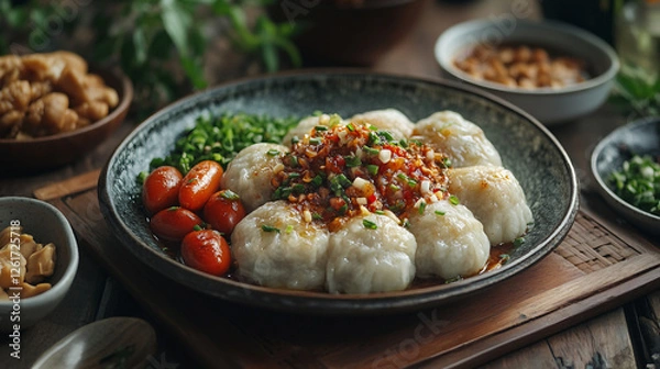Obraz Traditional Street Food Dumplings with a Savory Filling, Garnished with Fresh Herbs and Spices