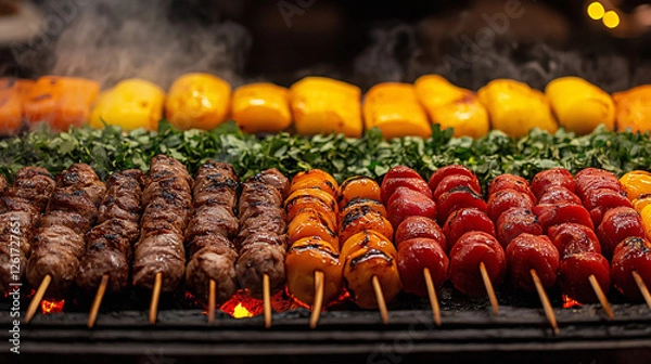 Obraz Succulent Grilled Meat and Vegetable Kebabs Over a Hot Charcoal Fire for a Flavorful Barbecue