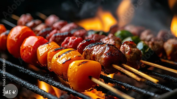 Obraz Smoky Grilled Beef and Vegetable Skewers Over an Open Flame with Perfectly Charred Edges