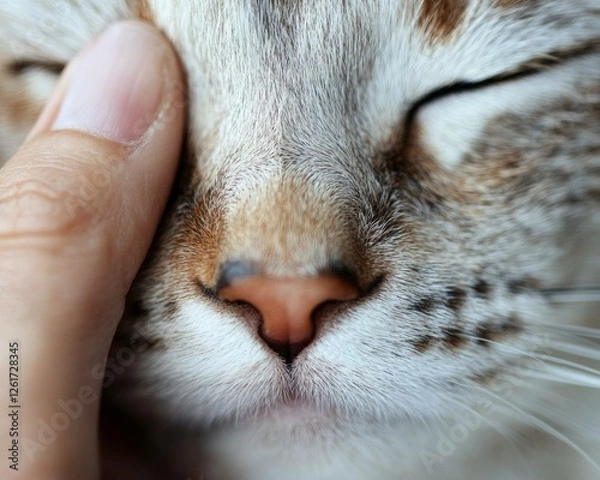 Obraz Scandi Minimalism in Pet Care Crisp Detail of Vitiligo Hand Petting Content Cat Face - Visual Marketing for Wellness and Domestic Harmony