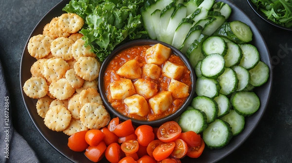 Obraz Fresh and Vibrant Salad Bowl with Sliced Cucumbers, Cubed Cheese, and Assorted Vegetables