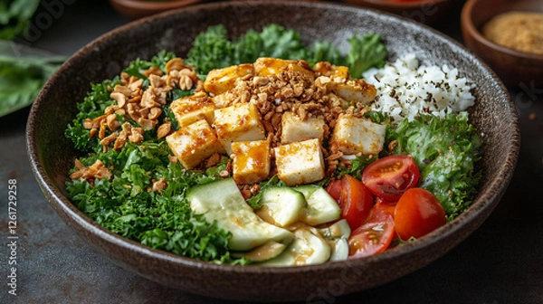 Obraz Spiced Grilled Tofu with a Side of Fresh Vegetables, White Rice, and a Savory Sauce for a Balanced Meal