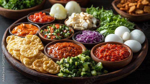 Obraz Traditional Platter with Assorted Meat, Vegetables, Fresh Herbs, and Condiments for a Cultural Feast