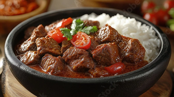 Obraz Tender Beef Chunks in a Rich Sauce Served Over Steamed Rice with Cherry Tomatoes and Fresh Herbs