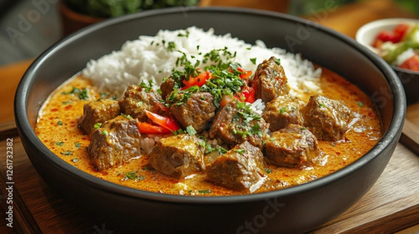 Obraz Spicy Curried Beef Served with White Rice, Red Chili Peppers, and Fresh Garnishes for a Bold Flavor