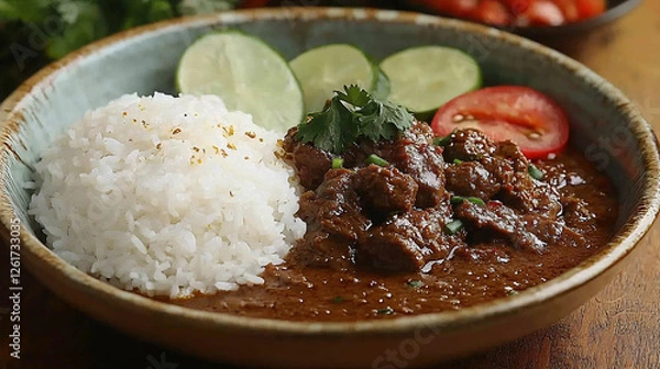 Obraz Hearty Beef Stew Served Over Steamed White Rice with Fresh Cucumber Slices for a Balanced Meal