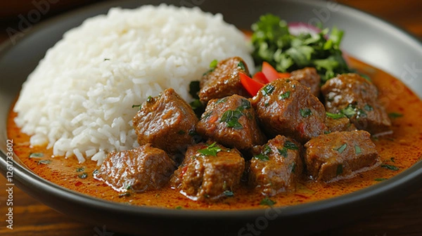 Obraz Hearty Beef Stew with Tender Meat Chunks Served Over Steamed White Rice and Garnished with Herbs