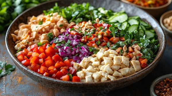 Obraz Flavorful Rice Bowl with Marinated Grilled Beef, Fresh Vegetables, and a Colorful Presentation
