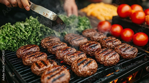 Obraz Juicy Grilled Beef Patties on a Charcoal Grill with Smoky Flavors and Perfect Sear Marks