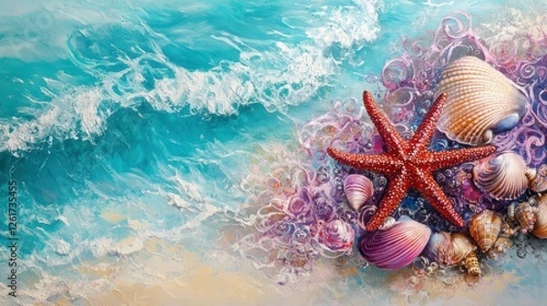 Fototapeta A stunning composition of delicate pink and purple seashells along with a bright red starfish, glistening under the sun as turquoise waves softly reach the shore. -