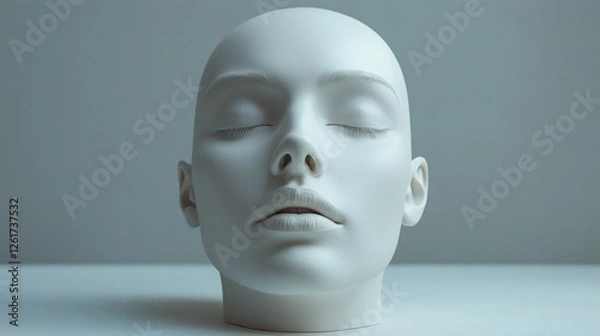Fototapeta Artistic mannequin head sculpture in minimalist profile view with closed eyes against gray background showing ethereal beauty