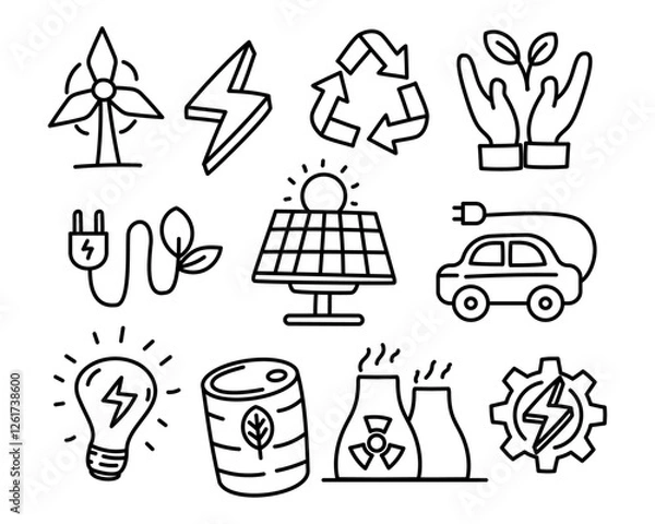 Fototapeta Set of renewable energy vector elements with doodle style on a white background