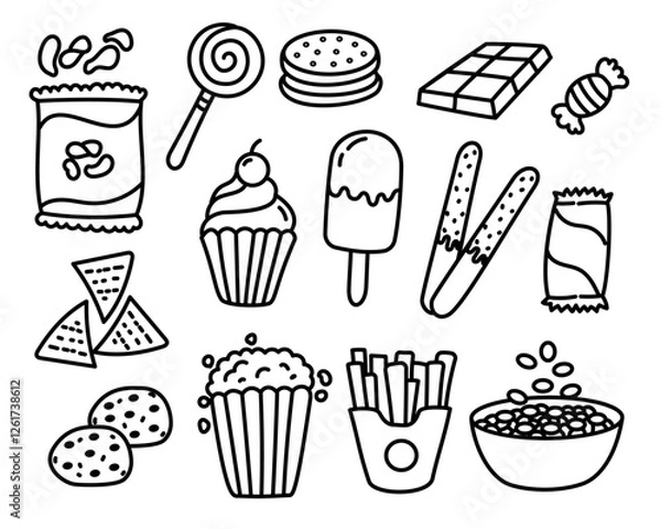 Fototapeta Set of snacks vector elements with doodle style on a white background