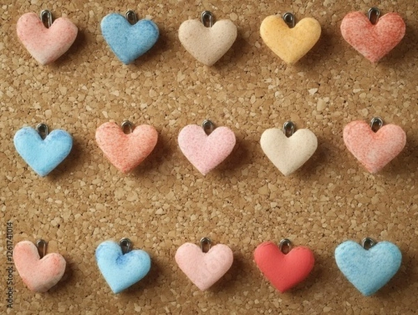 Fototapeta Colorful Heart-Shaped Magnets on Corkboard Background Display