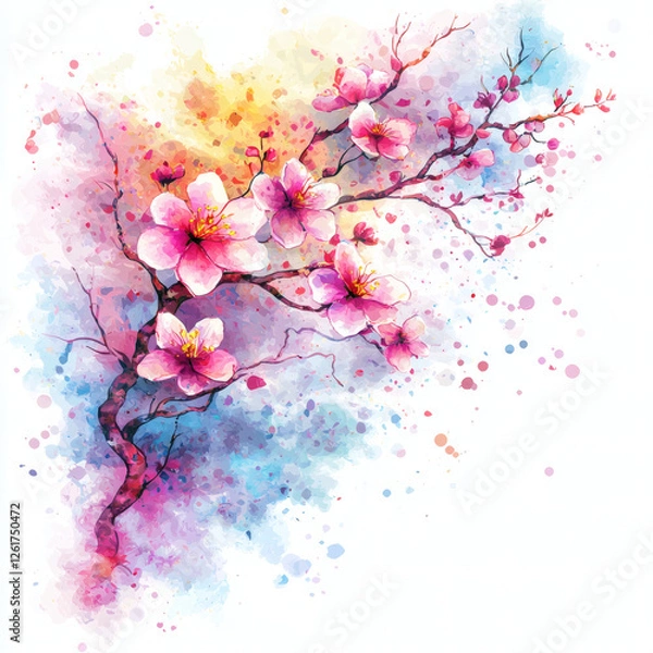 Fototapeta Watercolor cherry blossom branch with pink flowers and blue splatter effect on delicate artistic spring painting