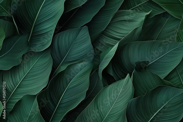 Fototapeta Tropical foliage backdrop, lush green leaves, nature background, design element