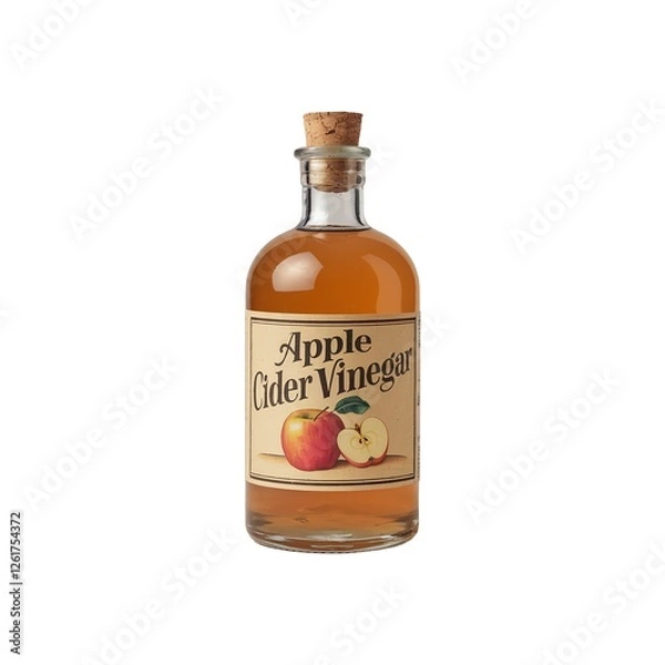 Fototapeta Vintage-style bottle of apple cider vinegar with a cork stopper and illustrated label