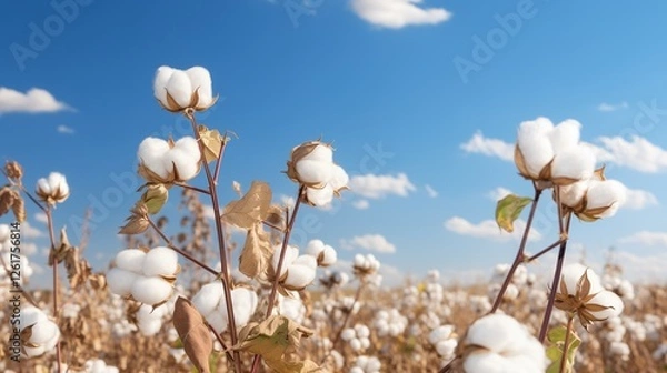 Obraz Cotton Buds in the Field a?" A close-up shot of fluffy cotton buds growing on a cotton plant in a vast field under a bright blue sky during the harvest season.