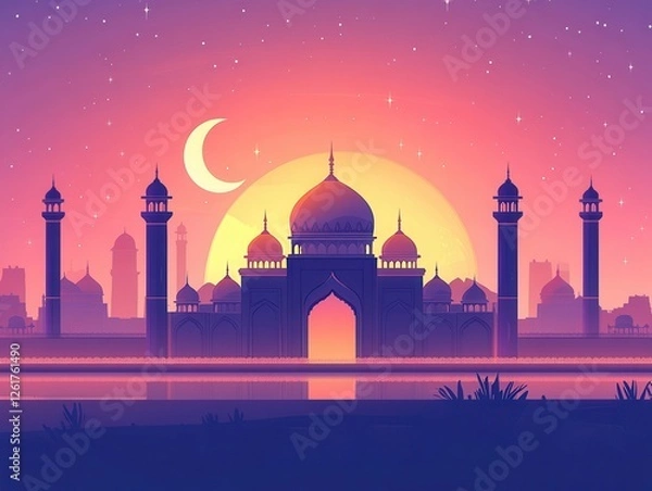 Fototapeta Pixel art illustration of a grand mosque at sunset, reflecting in a calm body of water. Pink and purple hues dominate the night sky, with a crescent moon visible