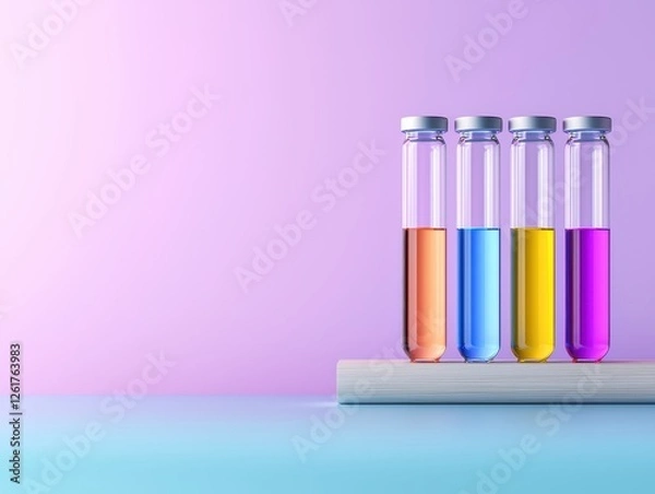 Fototapeta A vibrant arrangement of colorful test tubes filled with liquids on a minimalistic background, showcasing chemistry.